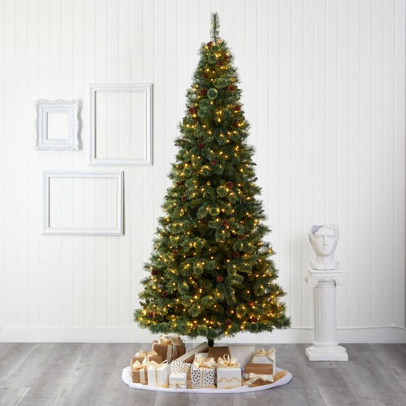 9Ft Artificial Christmas Tree with Lights - Holiday Decor, White Pine, Pre-Lit, Full Size, Realistic Tree - Green - 108