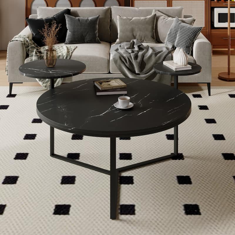 31.5" Modern Coffee Table with Two Display Shelves and Faux Marble Surfaces - Matte Black