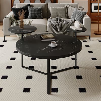 31.5" Modern Coffee Table with Two Display Shelves and Faux Marble Surfaces
