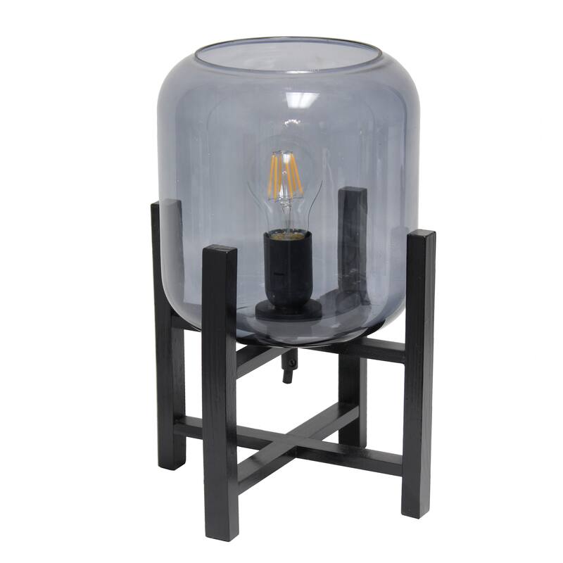 Glass Industrial Table Lamp with Wood Base and Cylinder Shade - 9 x 9 x 13.5 in. (L x W x H) - Black-Smoky