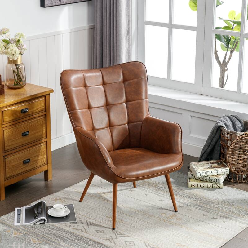 Vintage Wingback Chair Tufted Button PU Leather Accent Chair