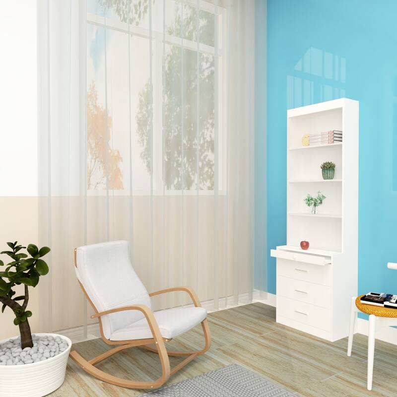 Modern Full Size Vertical Murphy Bed with Shelf and Drawers, White Space-Saving Wall Bed for Bedroom or Guestroom