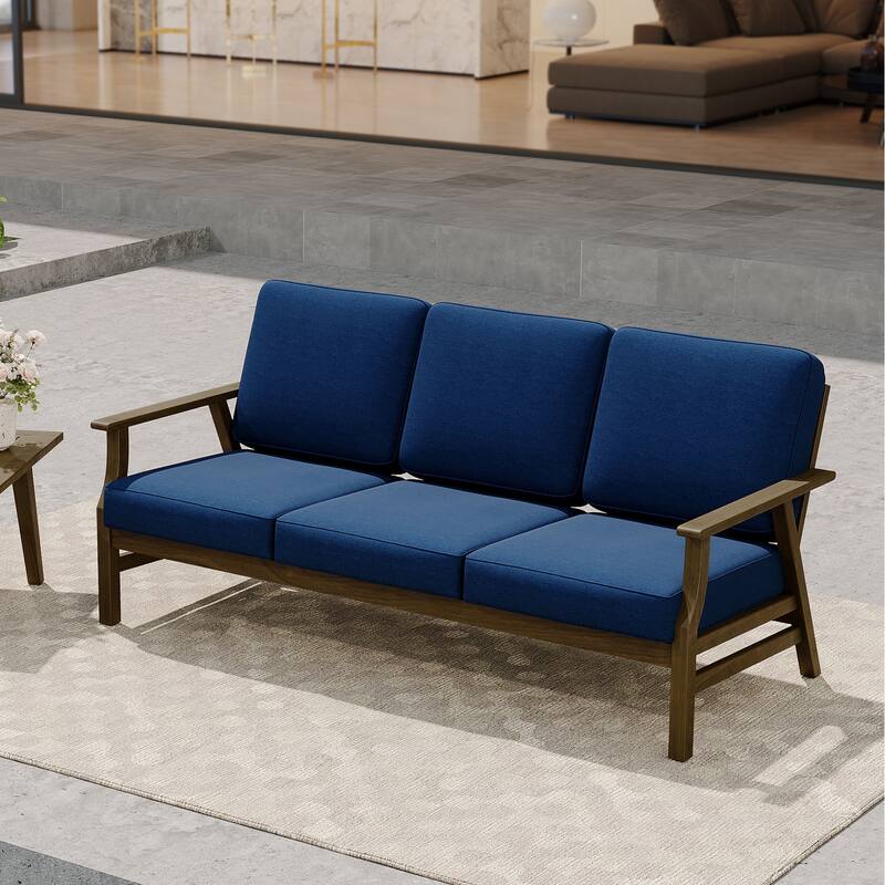 Modern Wood Cushioned 5-Piece Outdoor Patio Conversation Set - 3-Seat Sofa - Navy