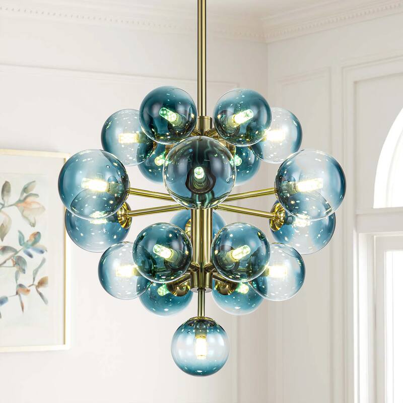 19-Light Modern Glam Tiered Cluster Gradient Glass Globe Bubble Chandelier for Dining Room - 21.3 in. W x 18 in. H - Brushed Gold