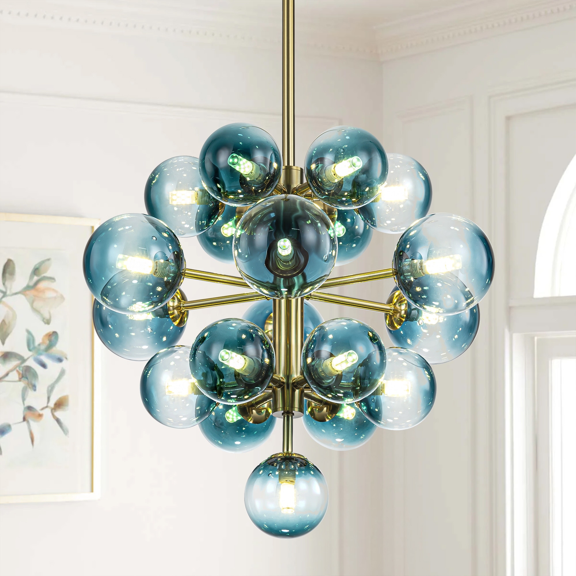 Rennnsan 19-Light Modern Glam Black/Gold Tiered Cluster Gradient Glass Globe Bubble Chandelier for Dining Room