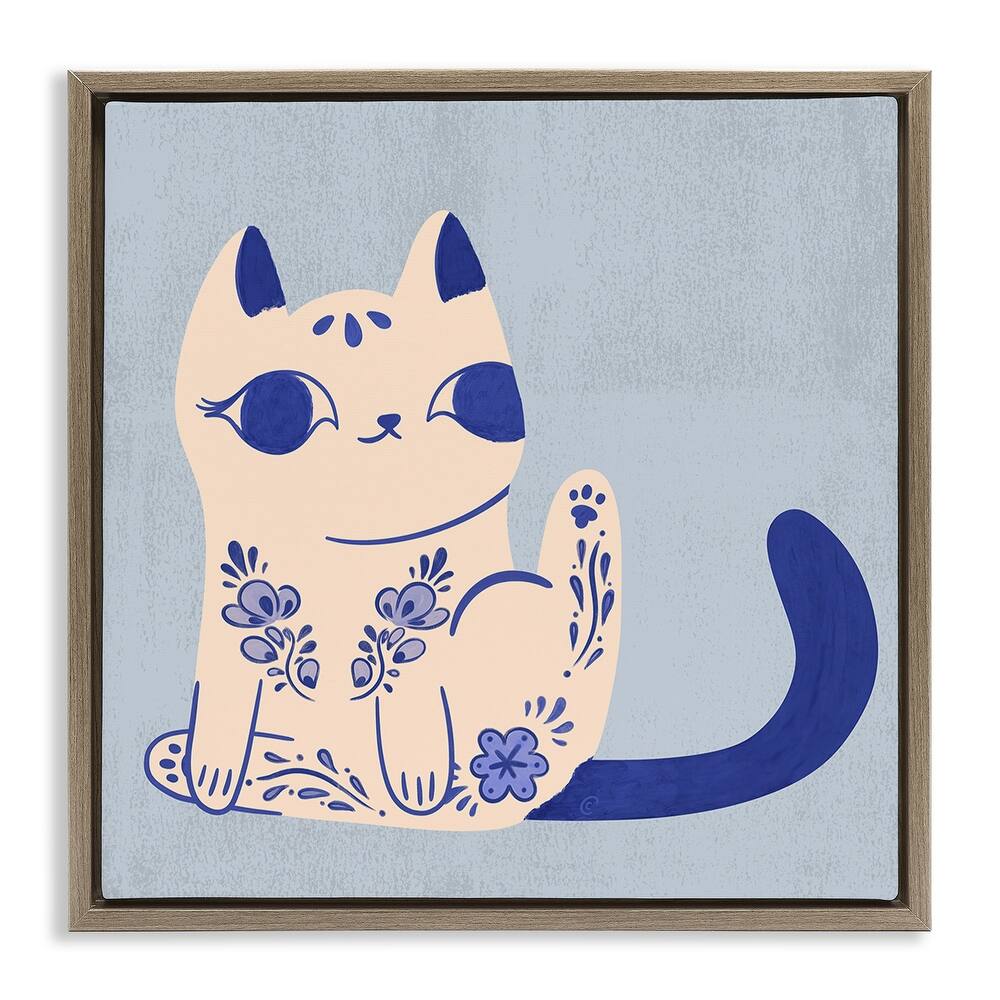 Stupell Ornate Floral Cat Framed Floater Canvas Wall Art Design By Carrie Cantwell