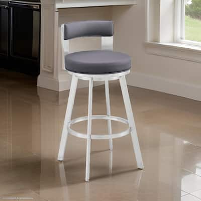 Ami 30 Inch Swivel Barstool Chair, Gray Faux Leather Open Back, Silver Base
