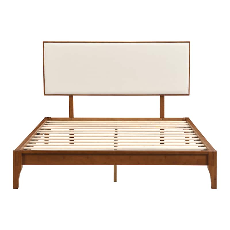 Solid Dry Bamboo Wood Platform Bed with Bamboo Frame, Upholstered Adjustable Headboard, Noise-Free Design, Easy Assembly