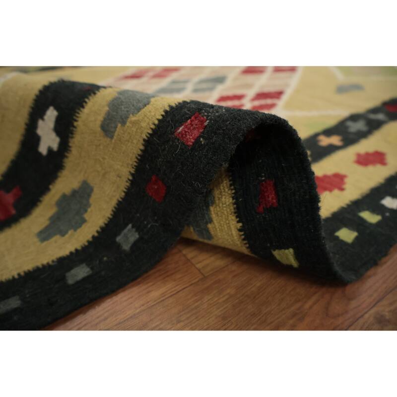 Hand Woven Oriental 100% Wool Carpet Southwestern Modern Yellow & Gold Kilim Runner Rug - 9' 10'' X 3' 0''