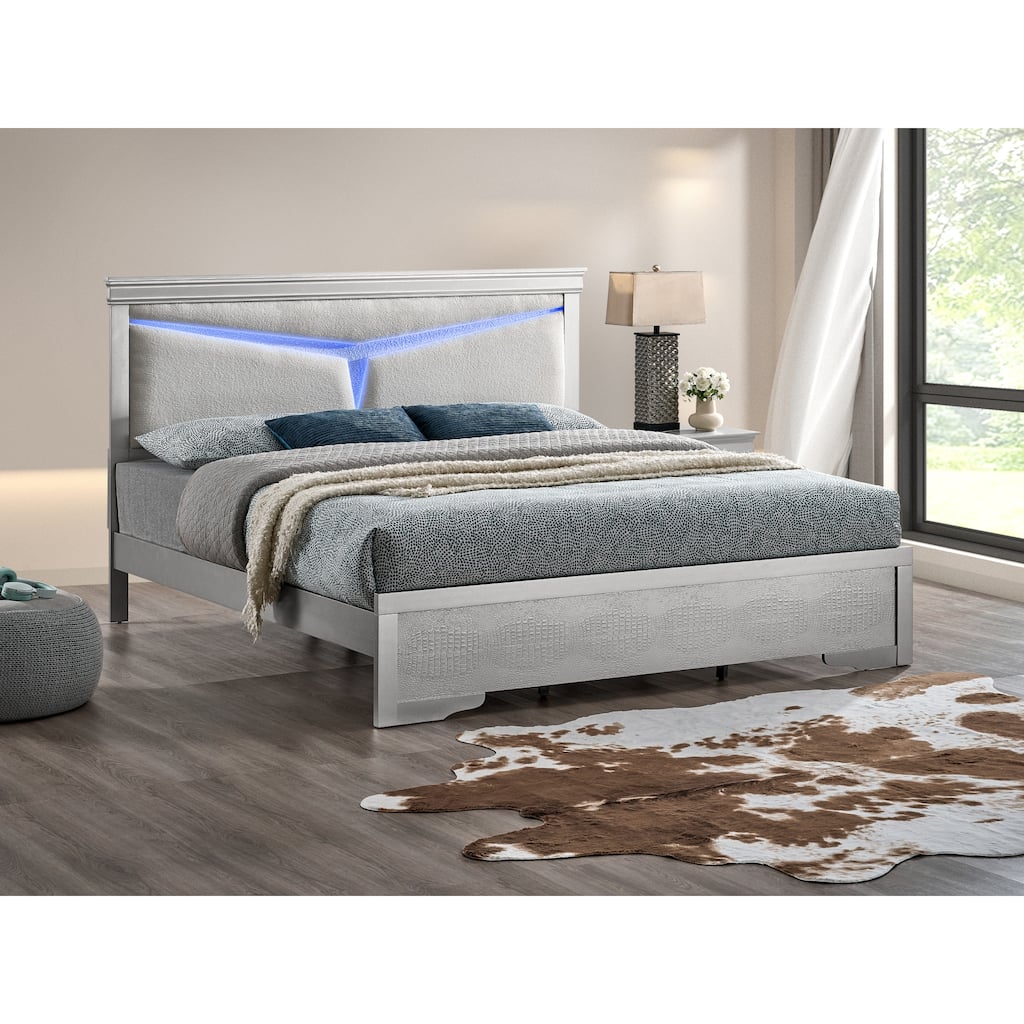 Roomfitters Upholstered Platform Bed Frame with Y-Pattern LED Lighted Headboard, No Box Spring Needed