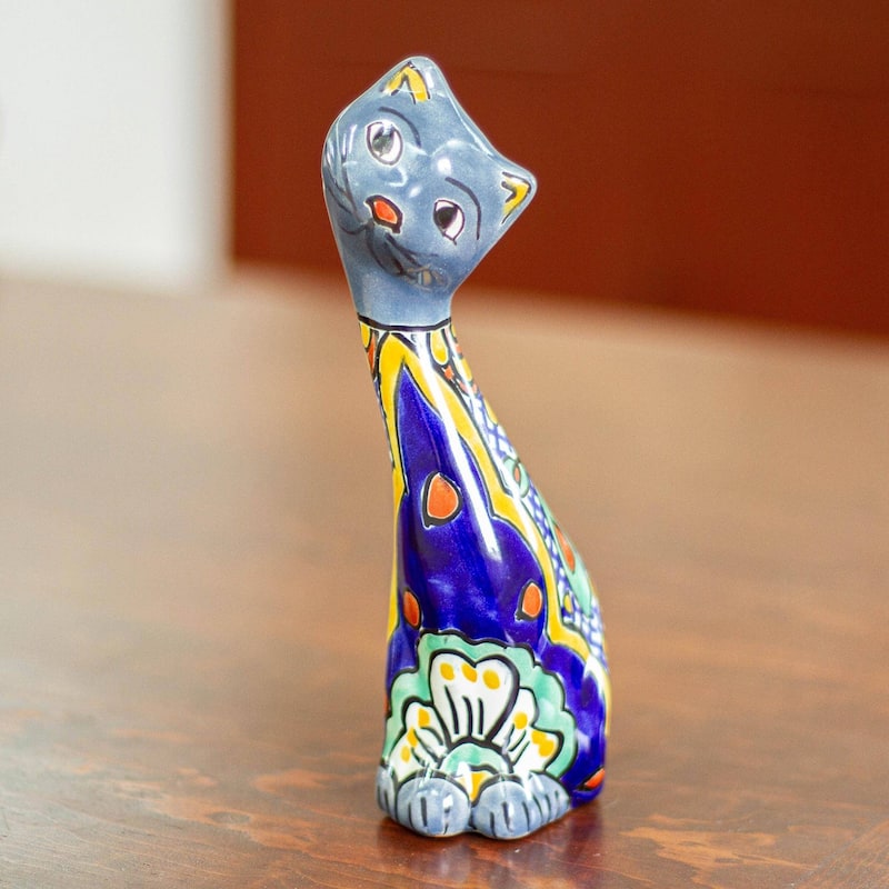 Novica Handmade Blue Talavera Cat Ceramic Statuette