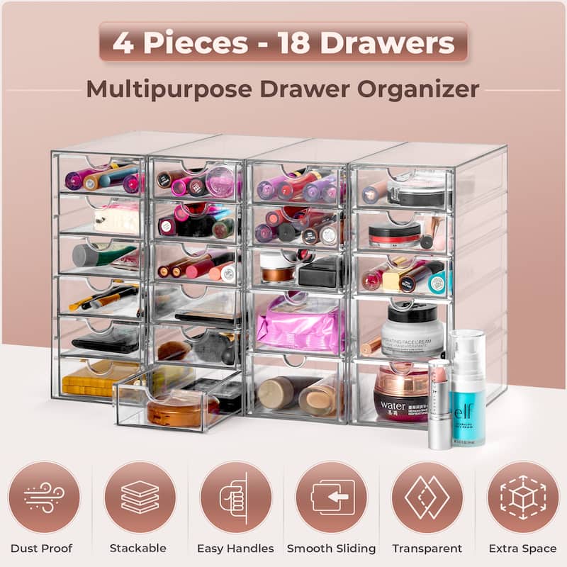 Sorbus Acrylic Cosmetic Makeup Organizer 22 Drawers Clear Stackable Storage Bins For Jewelry And Office Supplies Organizer- 4Pc