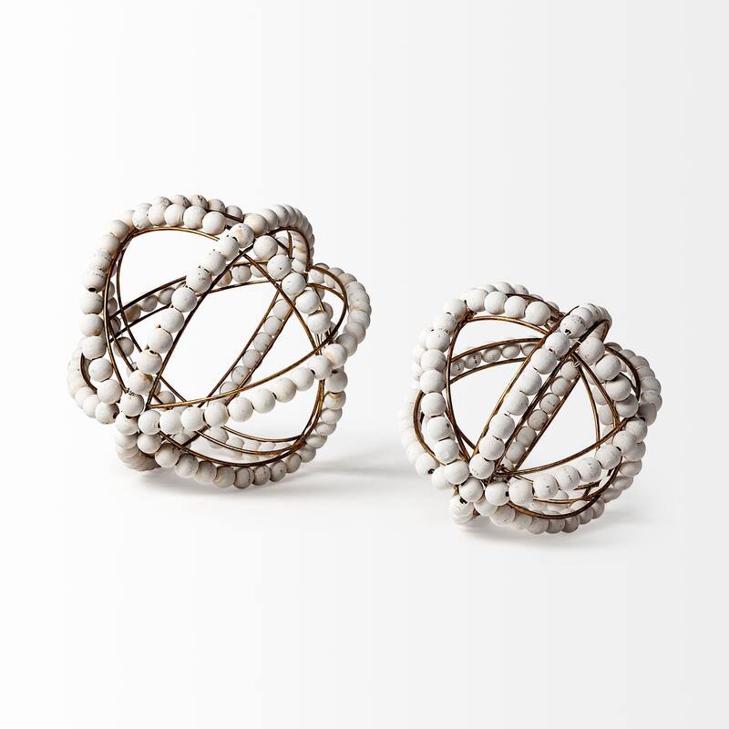 White Wooden Bead and Gold Orb Sculpture