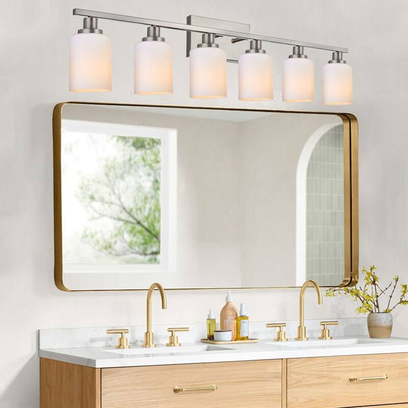 6-Light Bathroom Light Fixtures Brushed Brass 6-Light Bathroom Vanity Light, Bathroom Lights Over Mirror with Milky Glass Shade