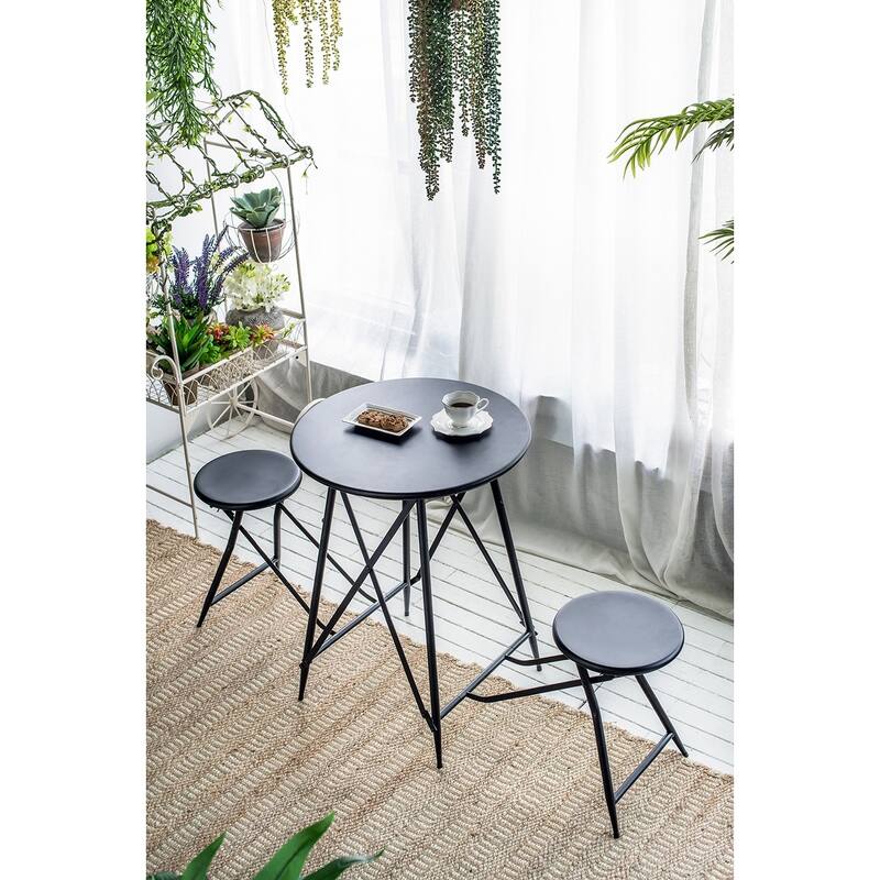 Black Foldable Side Table and Stool Set with Shelves
