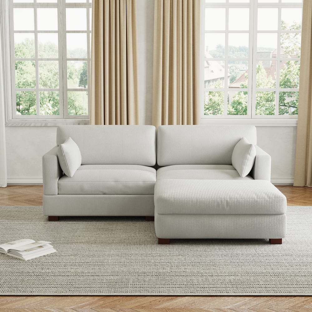85in.W Corduroy Modular 3-Piece L-Shaped Sectional Sofa with Ottoman