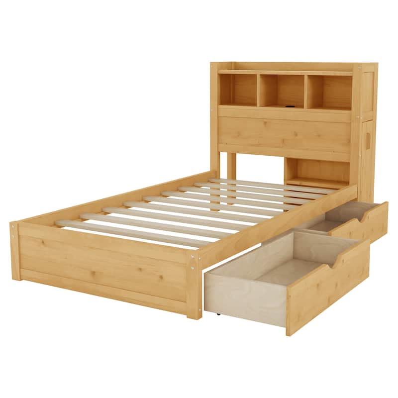Platform Bed with Storage Headboard Pull Out Storage Cabinet, Bookcase Bed with Drawers, Wood Wingback Bed with Light and Socket