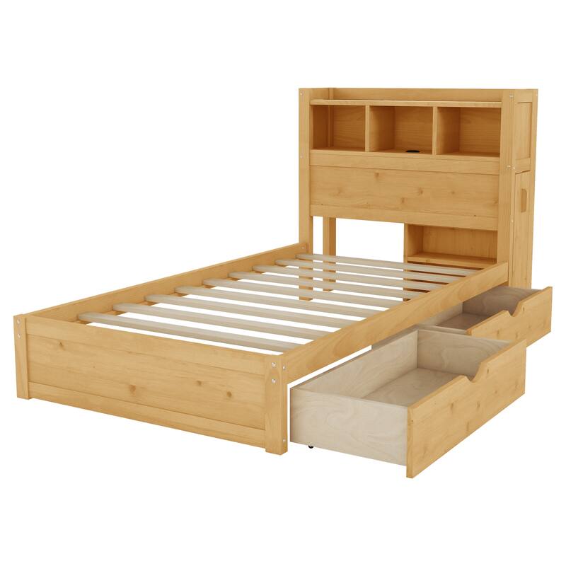 Twin Size Bed with Drawers, Wood Twin Bed with Storage Headboard and Pull Out Storage Cabinet, Wood Bed with Light and Socket