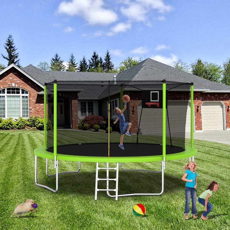 14FT Outdoor Trampoline with Safety Net and Ladder, Heavy Duty Fitness Trampoline for Kids and Adults - Green - 14FT