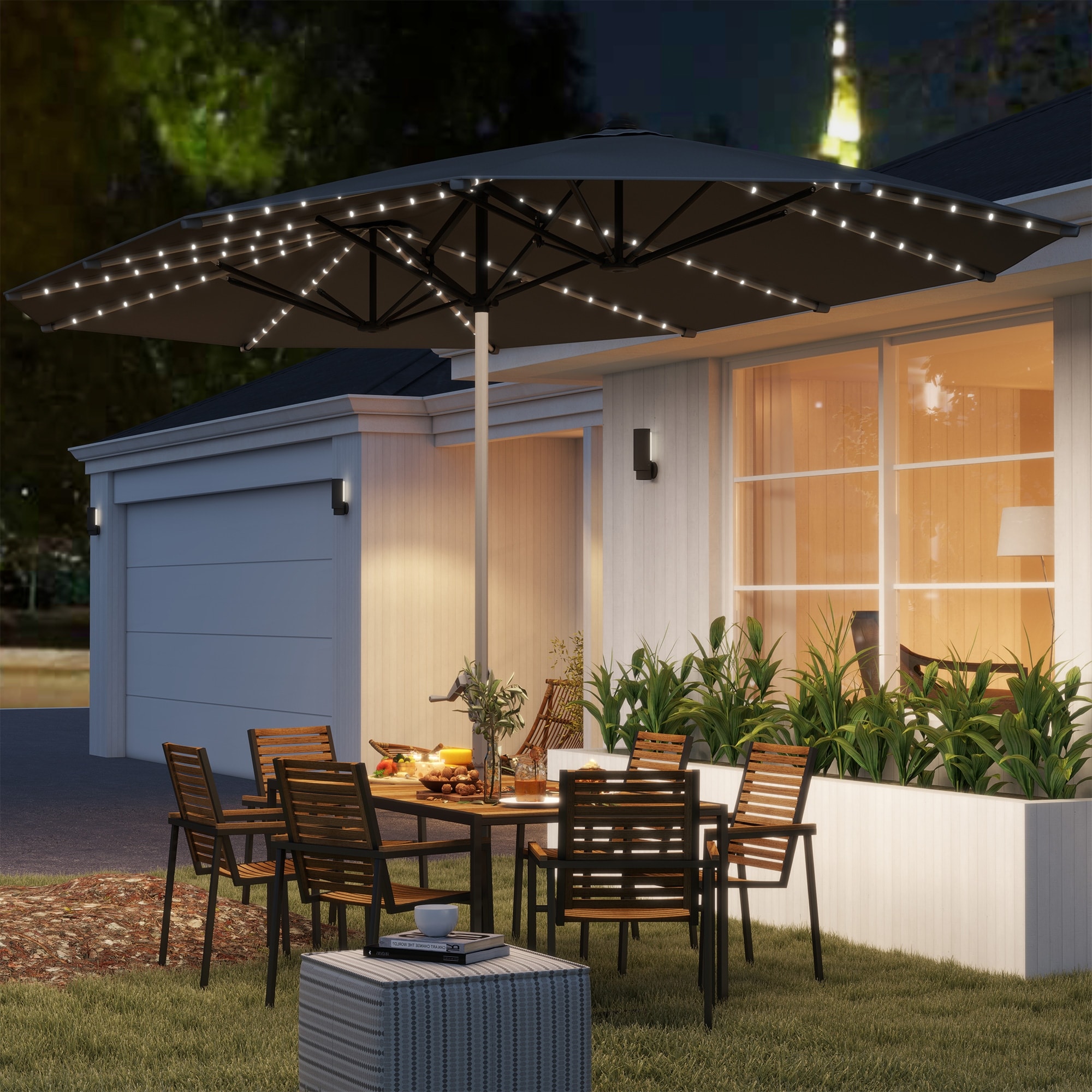 Outsunny 15ft Extra Large Patio Umbrella with Solar Lights, Aluminum UPF50+ Double-Sided Outdoor Table Market Umbrella
