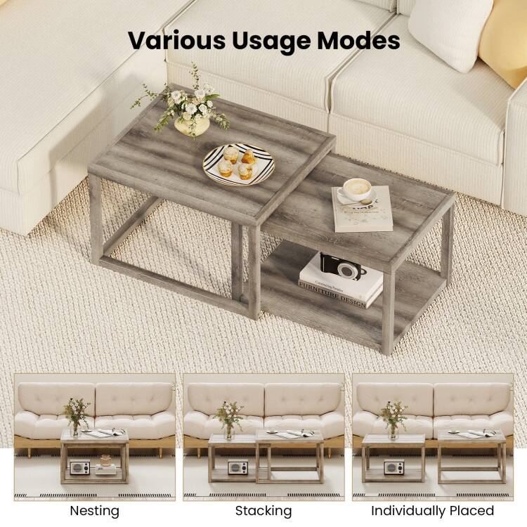Grey MDF Rubber Wood 2-Piece Nesting Coffee Tables with Farmhouse Design - 27.5" x 23.5" x 18"