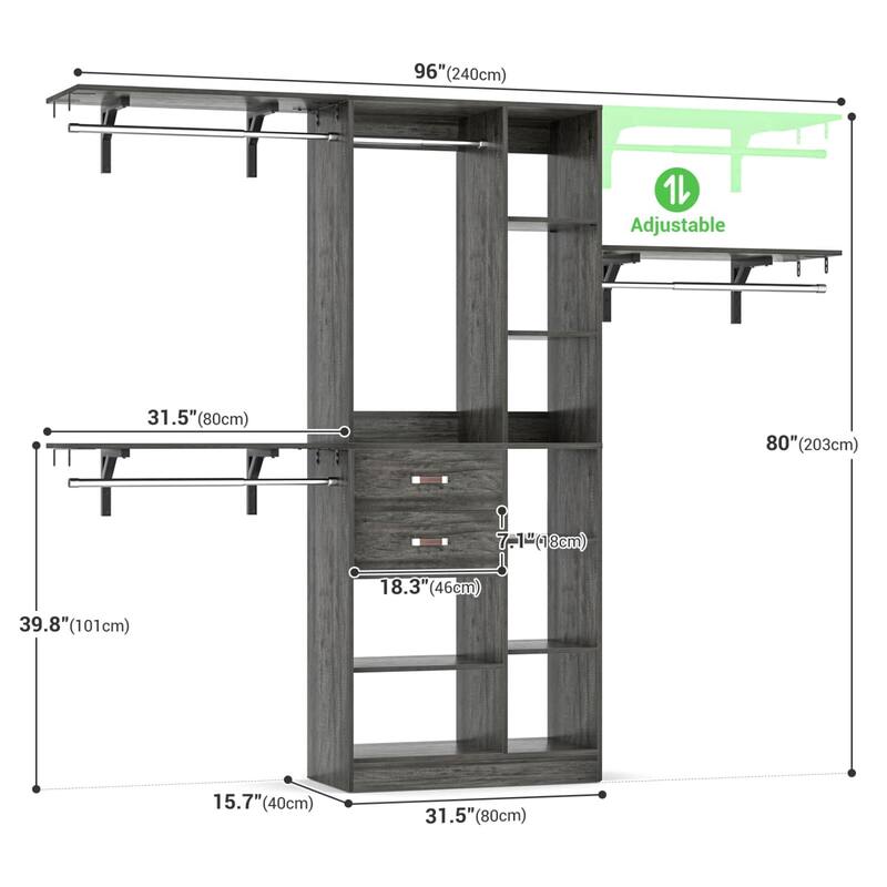 31.5'' to 96'' W Closet Organizer System with Drawers and Tower Shelves for Reach-in and Walk-in Closet