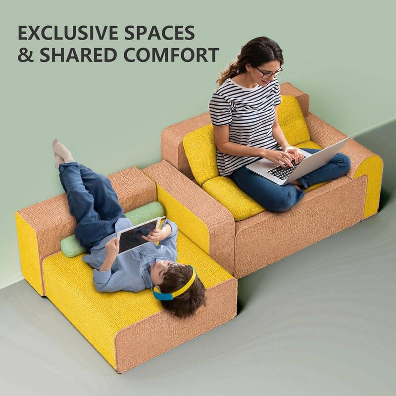Wowmax Boneless Modular Sectional Floor Sofa, 3 Seater Foam Couch With Ottoman And Cylinder Bolster Pillow For Living Room