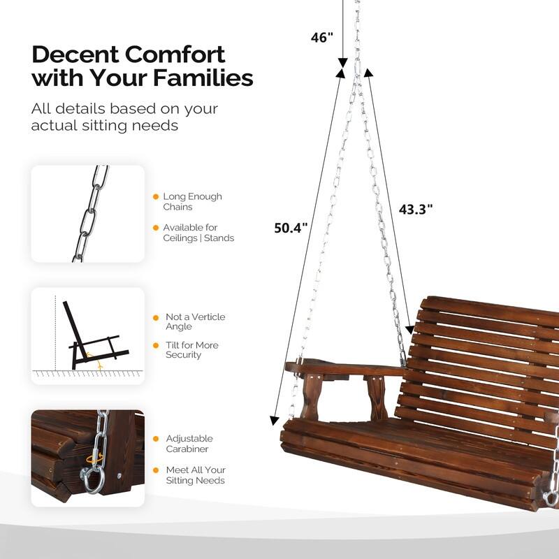 Upgraded 2-Person Wood Porch Swing with Cup Holders and Chains - N/A