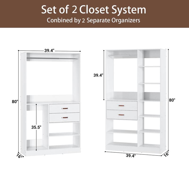 Vryon 110'' Set of 3 Freestanding Corner Closet System, Reversible Closet Organizer with Drawers and Hanging Rods