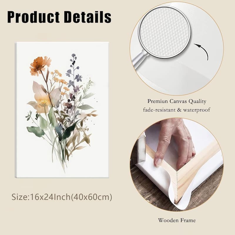 Set of 3 Minimalist Watercolor Flower Pictures Vintage