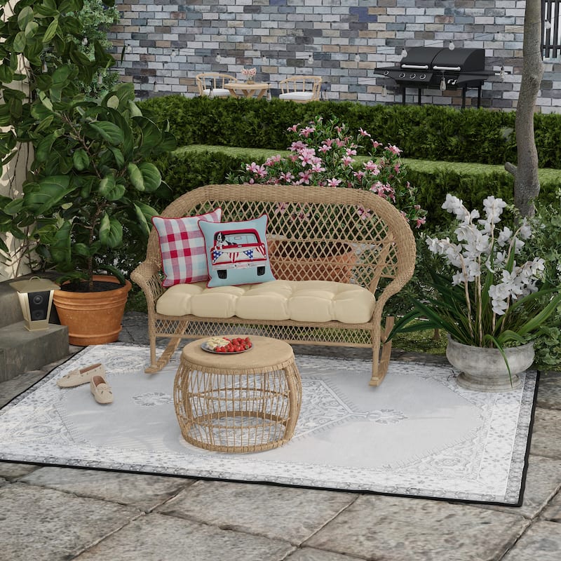 18" x 18" Americana Outdoor Throw Pillow with Welt - Set of 2 - 18'' L x 18'' W x 5'' H - Light Blue Patriotic Dog Truck and Red Plaid