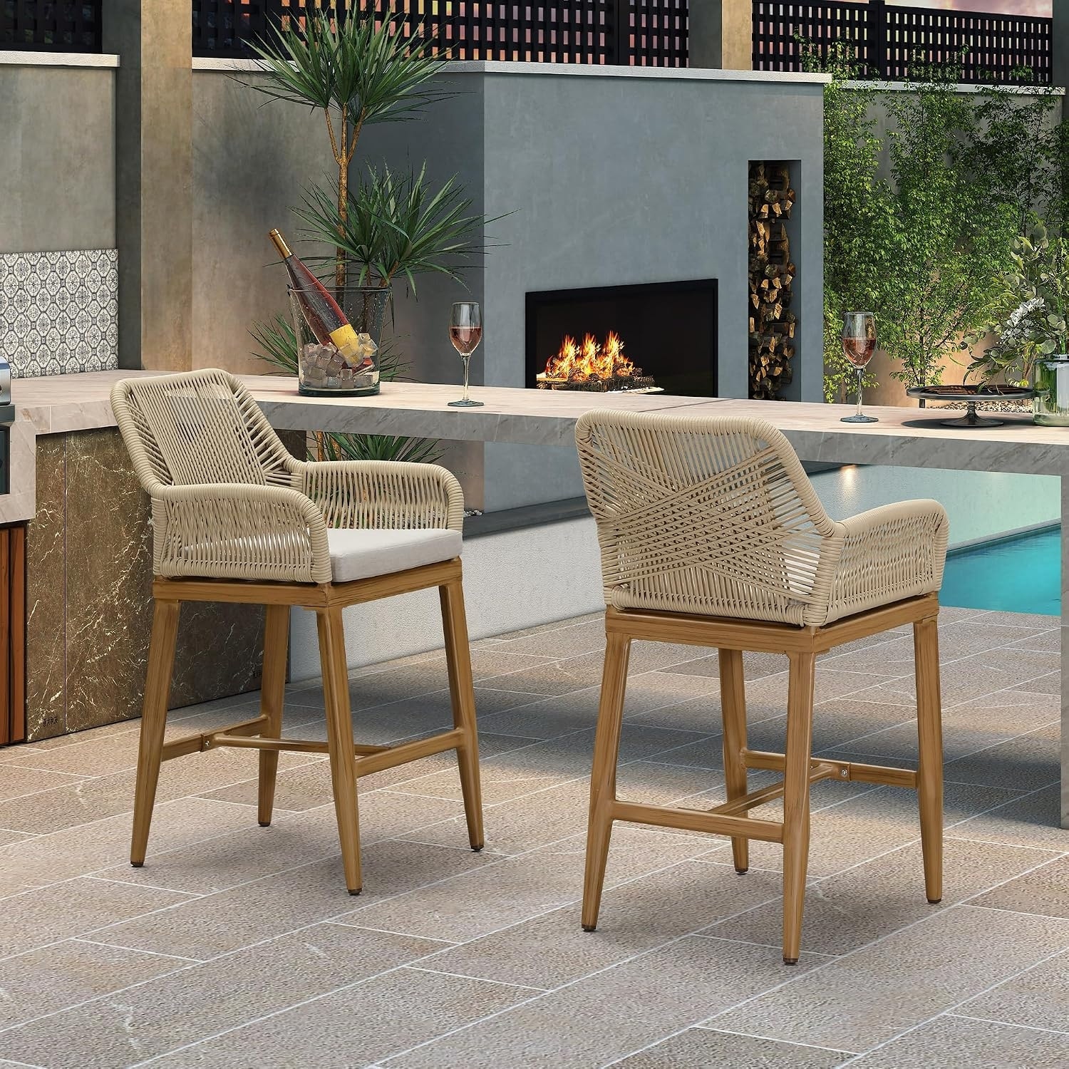 PURPLE LEAF Bar Stools Chair Set of 2 All Weather Rattan and Aluminum Patio Bar Stool with Cushion and Arms