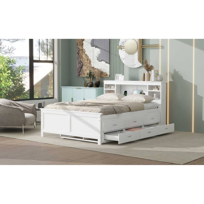 Full Size Platform Bed with Storage Headboard, USB, Twin Trundle, and 3 Drawers in White