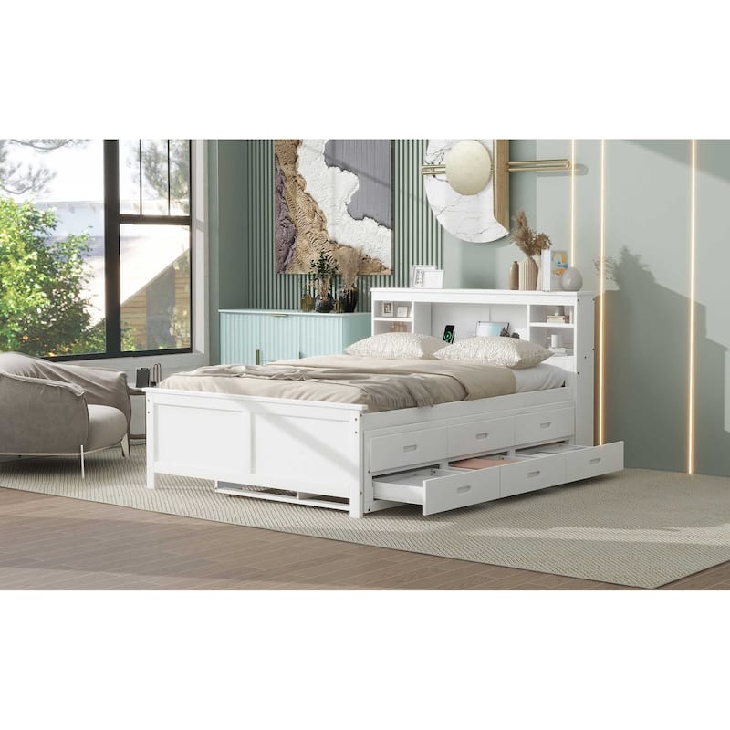 Space-Saving Twin/Full Platform Bed with USB Headboard, Trundle, and Storage Drawers