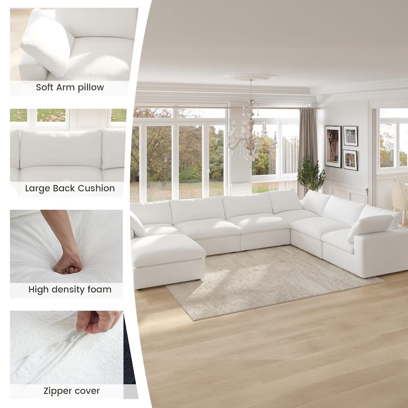 Large Down Filled Corner Sectional Sofa Couch with Ottoman for Living Room Set Linen Cloud Sectional Couches