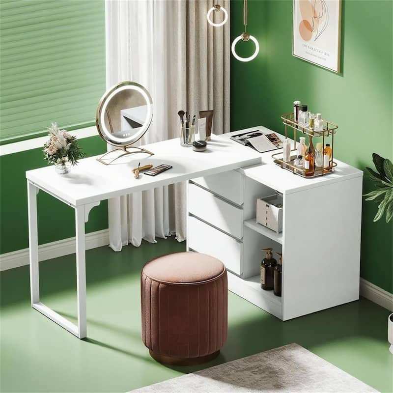 Adjustable L-Shaped Vanity Desk with Storage - White