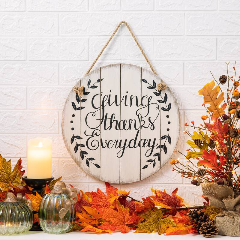 Glitzhome 15"D Wooden Thanksgiving Word Sign Wall Decor - Brown/Black