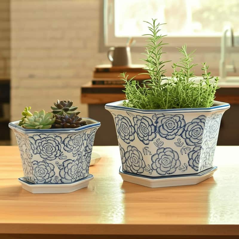 Stoneware Saucer Planters Attached Base for Home Garden (Set of 2)