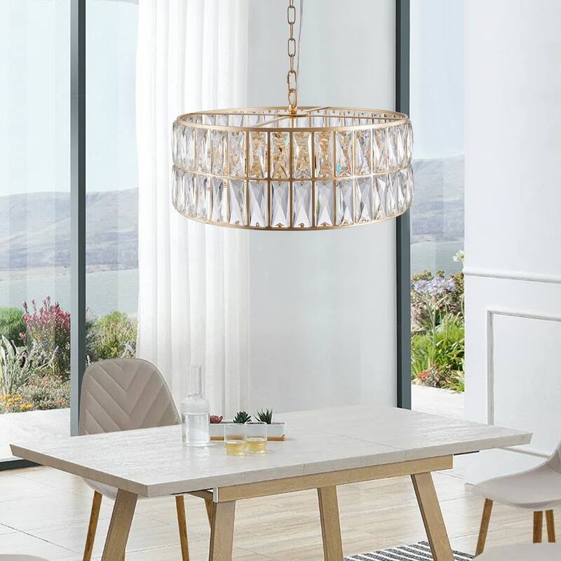 18" Golden Modern Crystal Drum Chandelier, 6-Light Pendant Lighting Fixture Metal Frame for Living Room, Dining Room and Bedroom