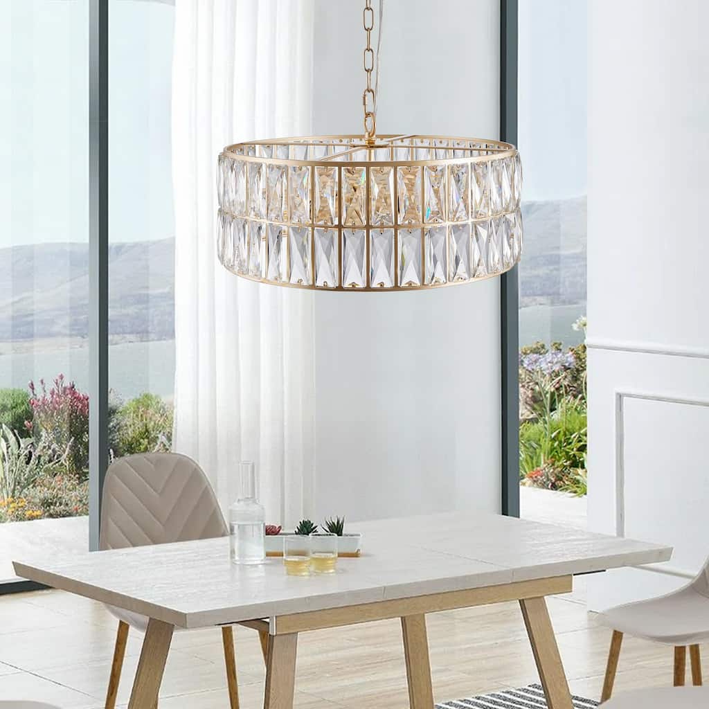 18" Golden Modern Crystal Drum Chandelier, 6-Light Pendant Lighting Fixture Metal Frame for Living Room, Dining Room and Bedroom