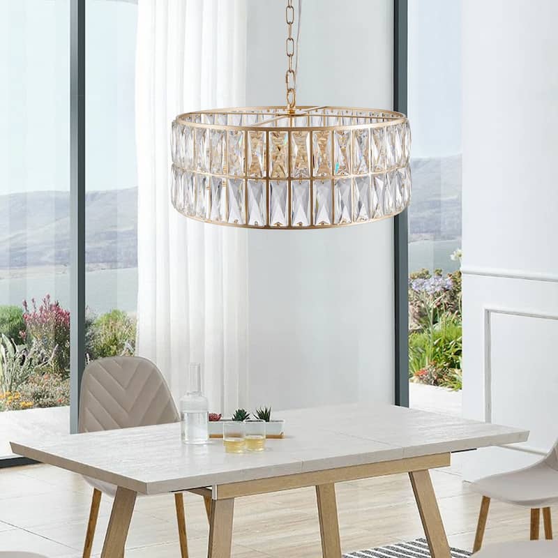 18" Golden Modern Crystal Drum Chandelier, 6-Light Pendant Lighting Fixture with Metal Frame (Bulbs Not Included)
