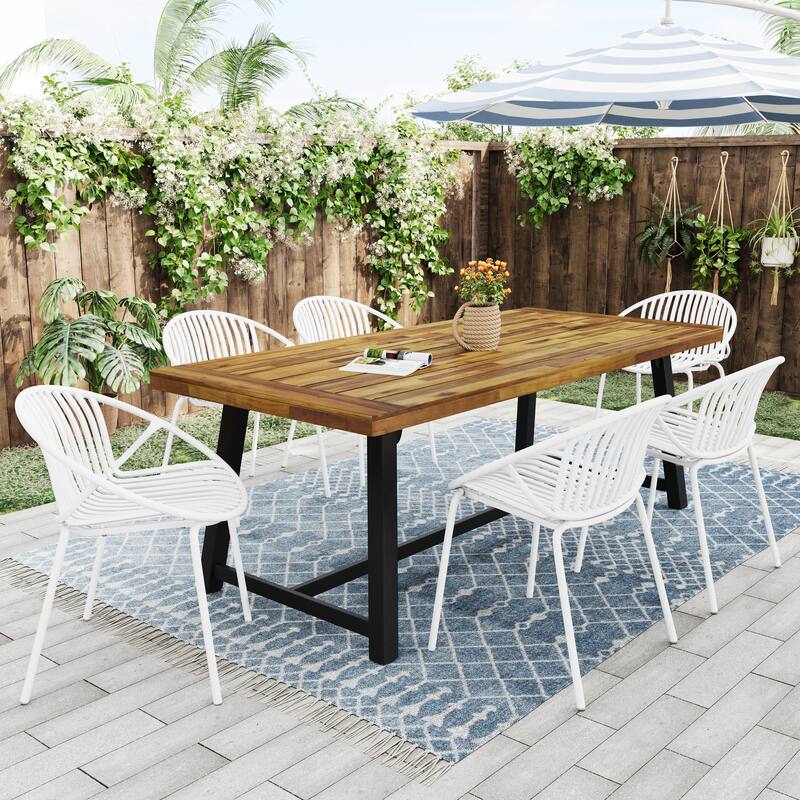 7 Pieces Outdoor Modern Dining Set with Stackable Chair, White - Teak+ Black,White