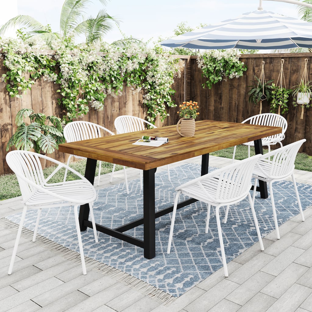 7 Pieces Outdoor Modern Dining Set with Stackable Chair, White