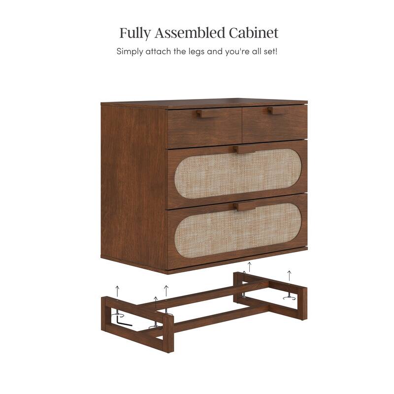 Paxton Mid-Century Modern 3-Drawer Dresser with Solid Wood Frame and Rattan Accent