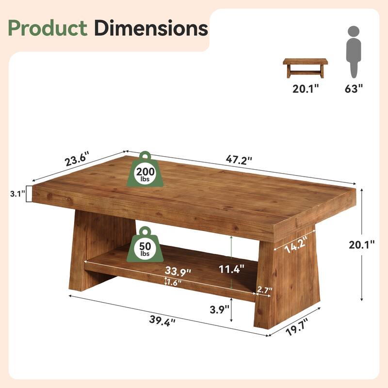 2 Tier Solid Wood Coffee Table for Living Room, 47 Inch Rectangular Center Table with Storage Shelves