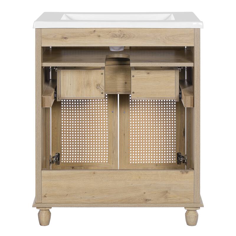30-Inch Bathroom Vanity: Handwoven Rattan Doors, Solid Wood Legs & Resin Basin