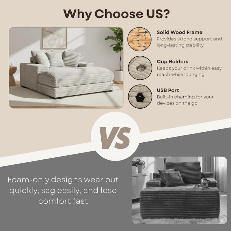 Cocoon Faux Fur Corduroy Oversized Chaise Lounge with Cupholders and USB/USB-C