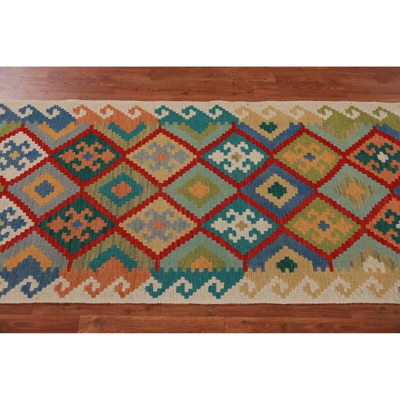 Hand Woven Oriental 100% Wool Carpet Southwestern Geometric Multi-Colored Kilim Runner Rug - 16' 2'' X 2' 9''