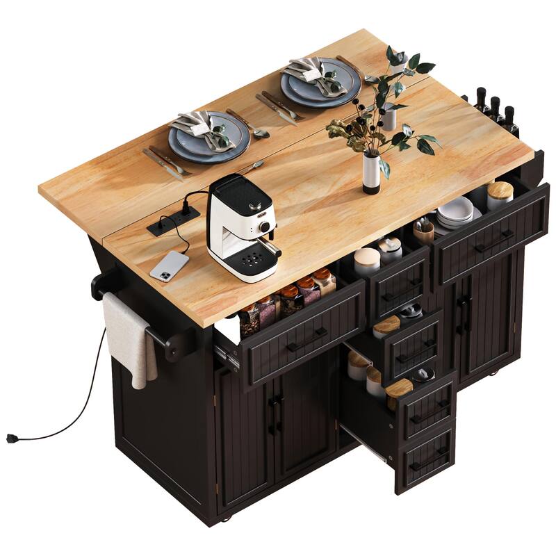 Petw MDF Rolling Kitchen Island with Drop Leaf and Power Outlet(57-in x30-in x36-in)