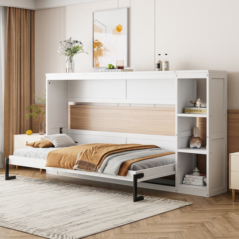 Space-Saving Twin Size Murphy Bed with Bookshelf and Storage, White